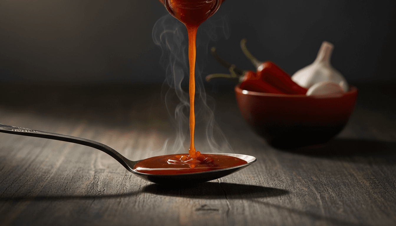 Smoked Reaper Reserve hot sauce being poured onto spoon