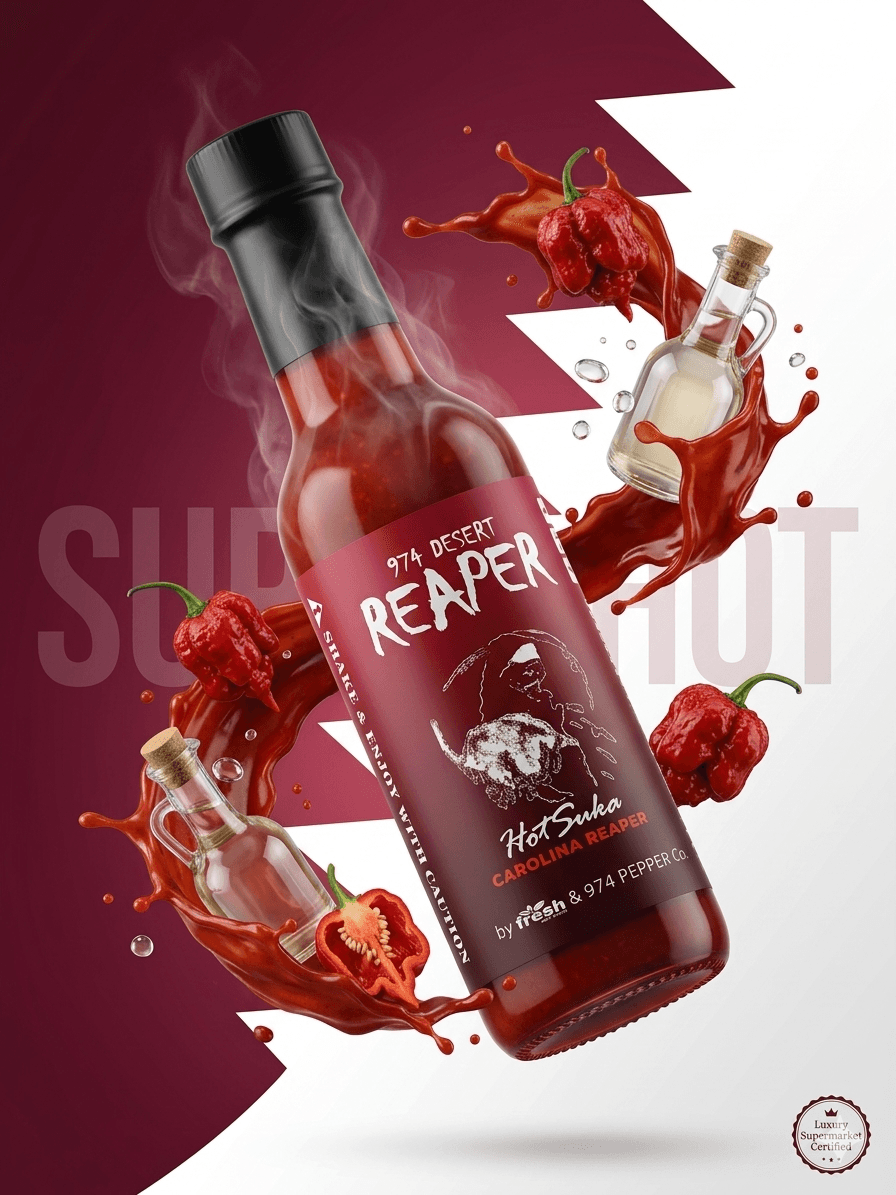 Steaming Desert Reaper hot sauce bottle with splashing sauce, Carolina Reaper peppers, and oil bottles.