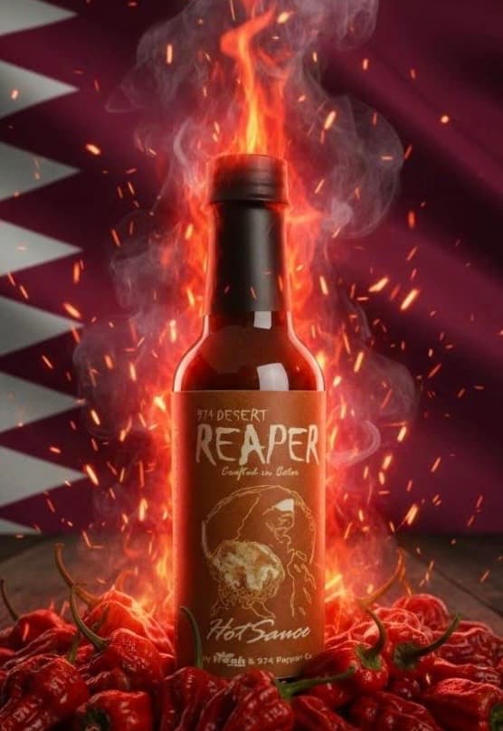 Desert Reaper hot sauce bottle engulfed in flames and smoke against a Qatari flag background.